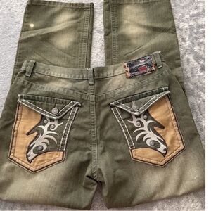 Raw Blue Jeans Men's 90s Y2K Embroidered Olive Green Baggy Straight Skater 36x32